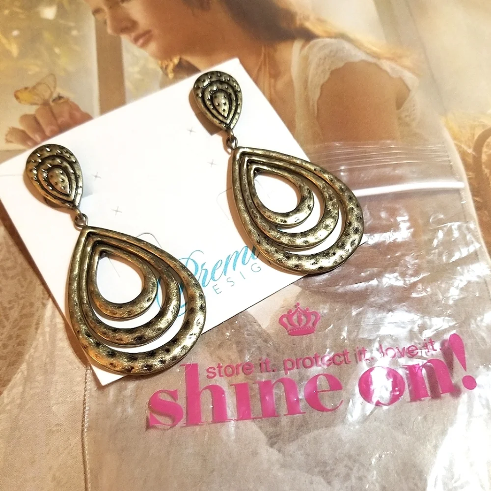 NEW Premier Designs Antiqued Gold tone Long Clip On Earrings - Picture 6 of 7